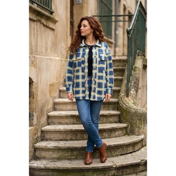 DAVI & DANI Jackets & Blazers - Davi & Dani Shacket Jacket Womens Size S Blue Yellow Plaid Button Front